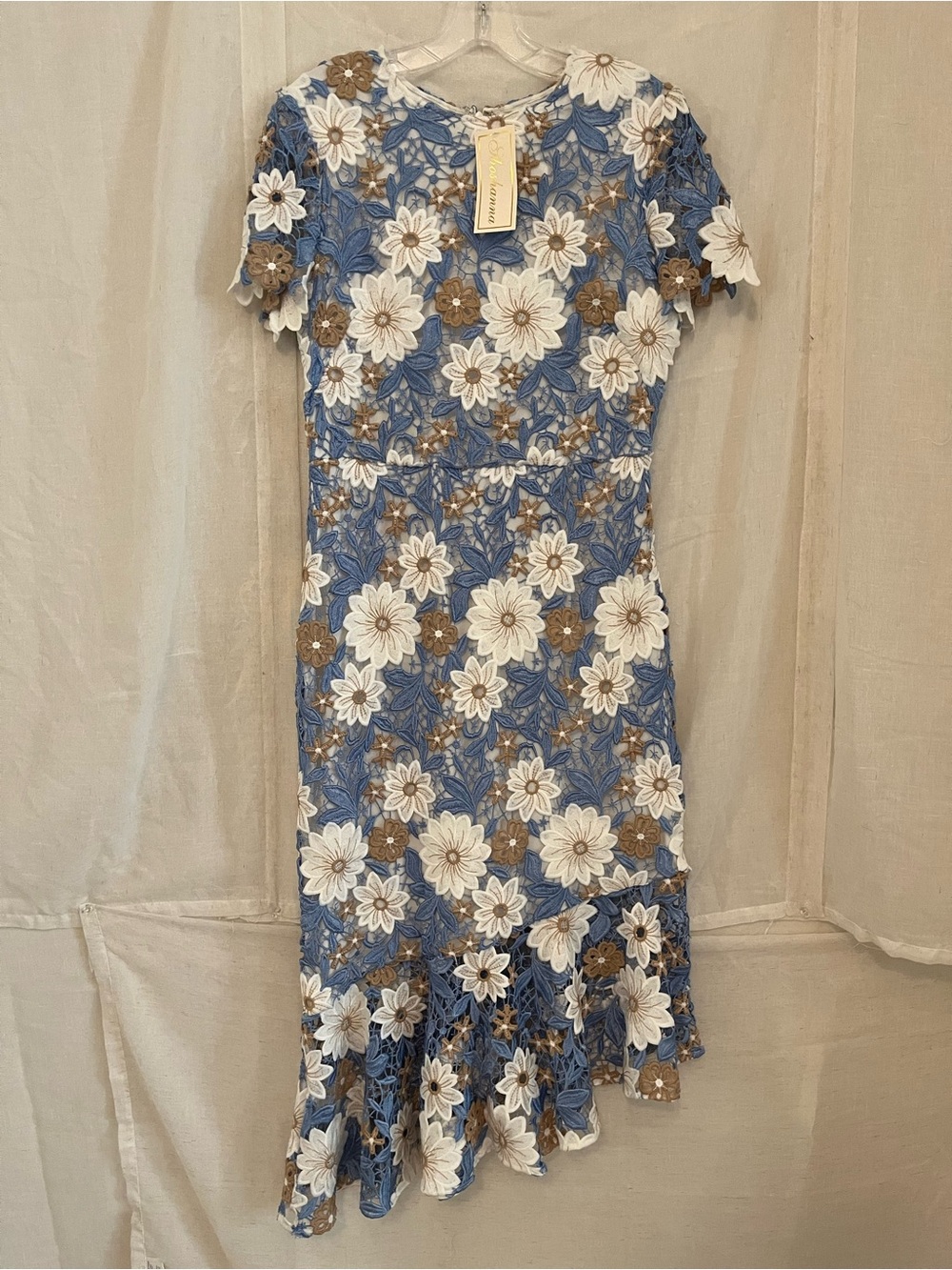 Shoshanna Blue Lace Midi Dress with White & Brown Floral Embroidery